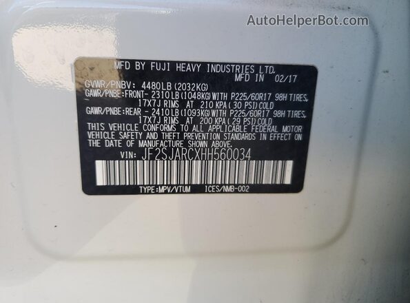 JF2SJARCXHH560034 2017 SUBARU FORESTER 2.5 Белый Вид наклейки с VIN-кодом