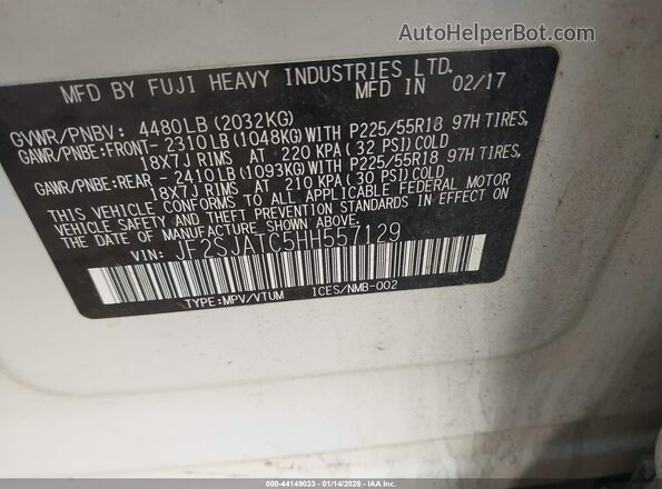 JF2SJATC5HH557129 2017 SUBARU FORESTER 2.5I TO Белый Вид подкапотного пространства