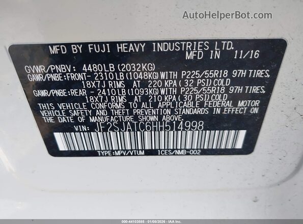 JF2SJATC6HH514998 2017 SUBARU FORESTER 2.5I TO White Widok komory silnika