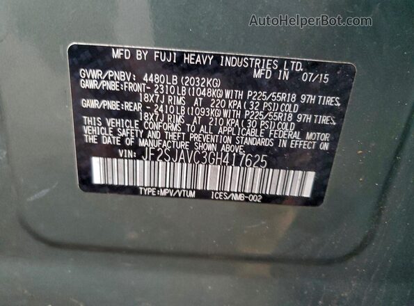 JF2SJAVC3GH417625 2016 SUBARU FORESTER 2.5I TO Зеленый Вид наклейки с VIN-кодом