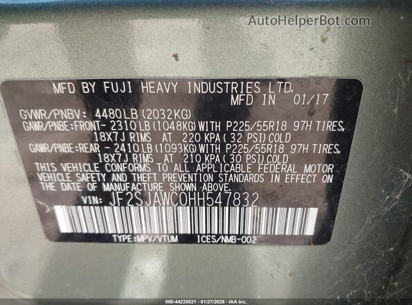 JF2SJAWC0HH547832 2017 SUBARU FORESTER 2.5I TO Зеленый Вид подкапотного пространства