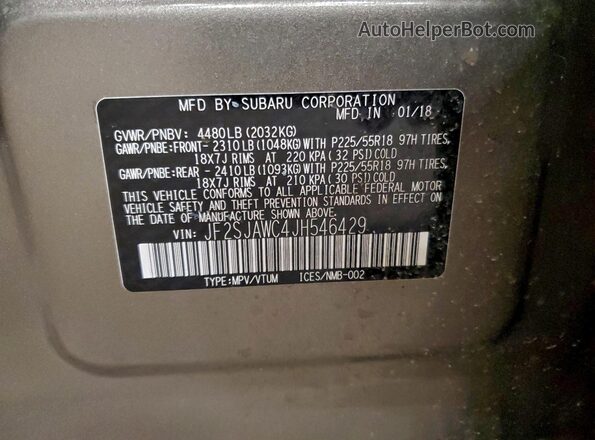 JF2SJAWC4JH546429 2018 SUBARU FORESTER 2.5I TO Серый Панорамный вид салона 360°