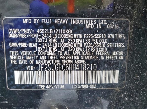 JF2SJGEC6HH418210 2017 SUBARU FORESTER2. Black Vista de la etiqueta del VIN