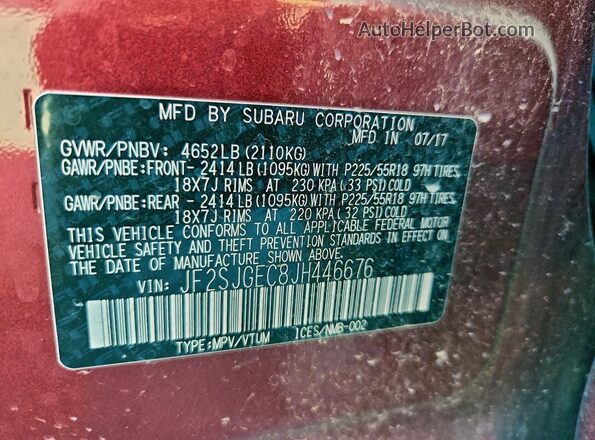 JF2SJGEC8JH446676 2018 SUBARU FORESTER2. Темно-бордовый Вид наклейки с VIN-кодом