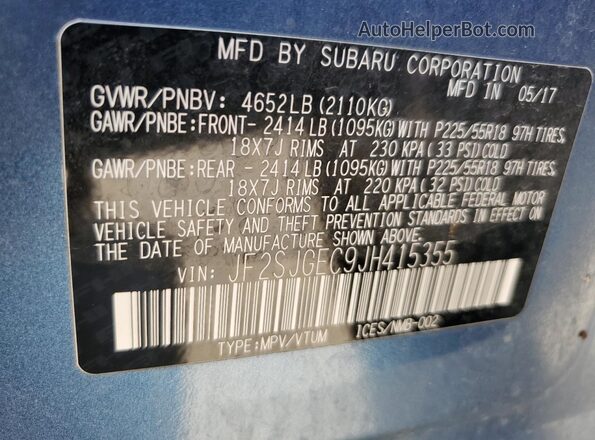 JF2SJGEC9JH415355 2018 SUBARU FORESTER2. Синий Вид наклейки с VIN-кодом