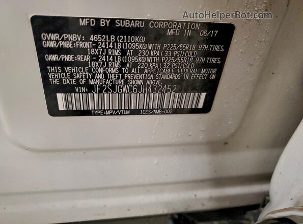 JF2SJGWC6JH432452 2018 SUBARU FORESTER2. White Widok wnętrza 360 stopni