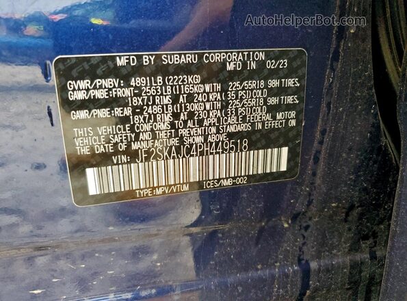 JF2SKAJC4PH449518 2023 SUBARU FORESTER Синий Вид наклейки с VIN-кодом