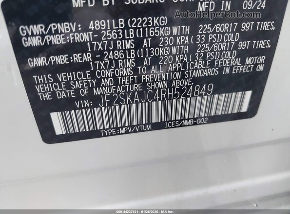 JF2SKAJC4RH524849 2024 SUBARU FORESTER Белый Вид подкапотного пространства