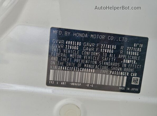 JH4KC1F57LC000040 2020 ACURA RLX White Widok naklejki z numerem VIN