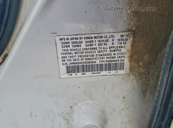 JHMGK5H57GS003934 2016 HONDA FIT White Vista de la etiqueta del VIN