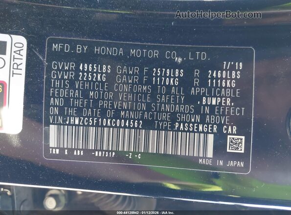 JHMZC5F10KC004562 2019 HONDA CLARITY PLUG-IN HYBRID Black Вид підкапотного простору