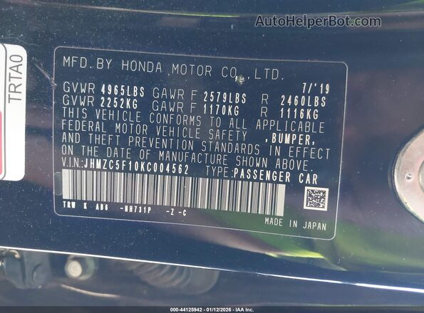 JHMZC5F10KC004562 2019 HONDA CLARITY PLUG-IN HYBRID Black Вид панелі приладів