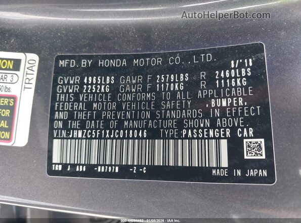 JHMZC5F1XJC018046 2018 HONDA CLARITY PLUG-IN HYBRID Серый Вид подкапотного пространства
