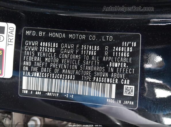 JHMZC5F1XJC023683 2018 HONDA CLARITY PLUG-IN HYBRID Черный Вид подкапотного пространства