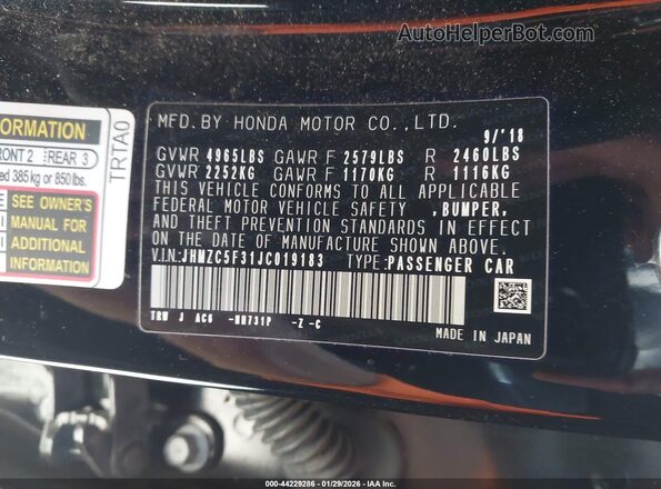 JHMZC5F31JC019183 2018 HONDA CLARITY PLUG-IN HYBRID Черный Вид подкапотного пространства