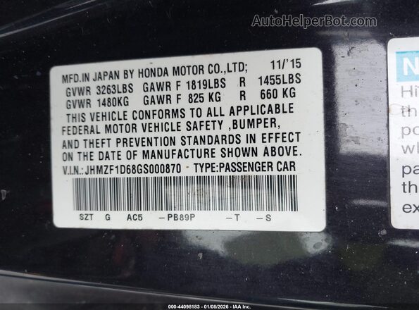 JHMZF1D68GS000870 2016 HONDA CR-Z Фиолетовый Вид подкапотного пространства
