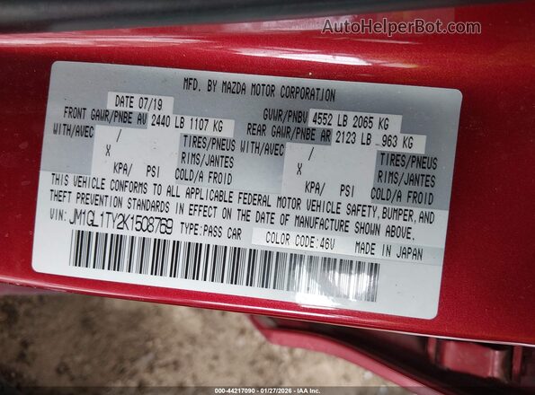 JM1GL1TY2K1508769 2019 MAZDA 6 Red Widok komory silnika