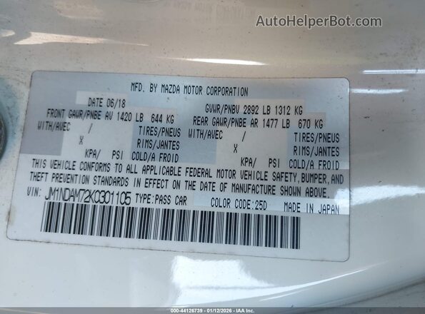 JM1NDAM72K0301105 2019 MAZDA MX-5 MIATA RF Белый Вид подкапотного пространства