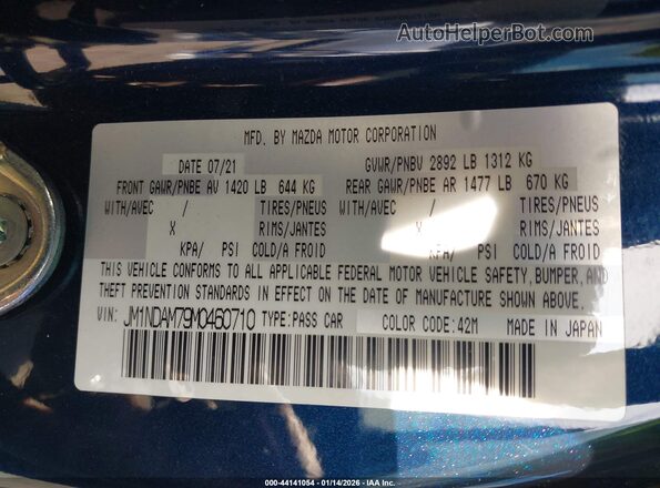JM1NDAM79M0460710 2021 MAZDA MX-5 MIATA RF Blue Widok komory silnika