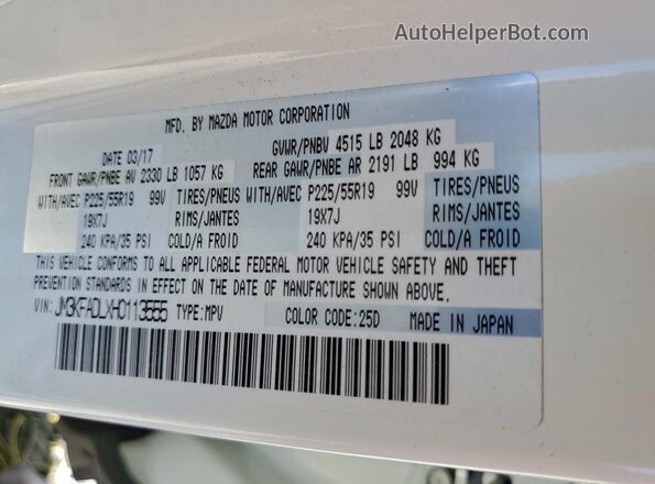 JM3KFADLXH0113555 2017 MAZDA CX-5 Белый Вид наклейки с VIN-кодом