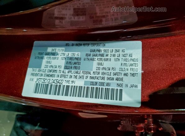 JM3TCBCY2L0409422 2020 MAZDA CX-9 Red Vista de la etiqueta del VIN