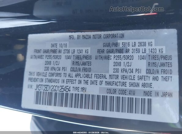 JM3TCBDY2G0125454 2016 MAZDA CX-9 Черный Задняя правая четверть