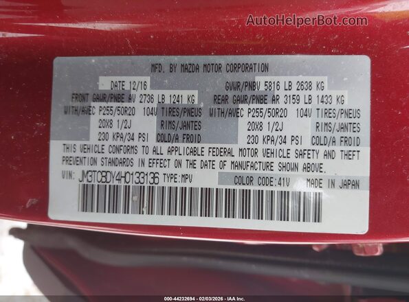 JM3TCBDY4H0133136 2017 MAZDA CX-9 Red Вид підкапотного простору