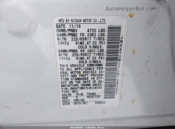 JN8AT2MV7LW124592 2020 NISSAN ROGUE White Widok komory silnika