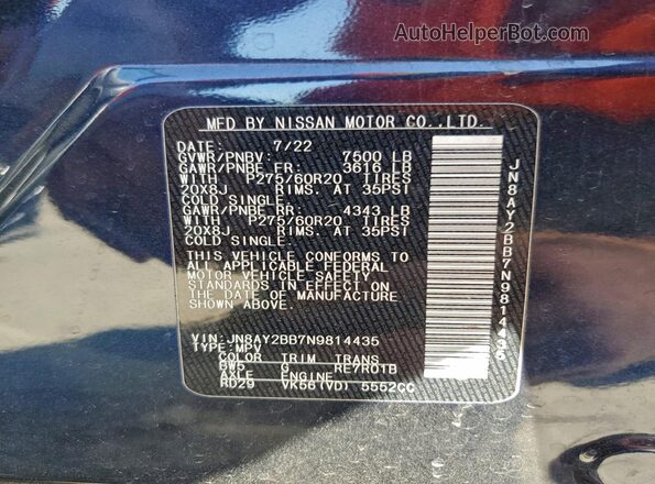 JN8AY2BB7N9814435 2022 NISSAN ARMADA Charcoal Widok wnętrza 360 stopni