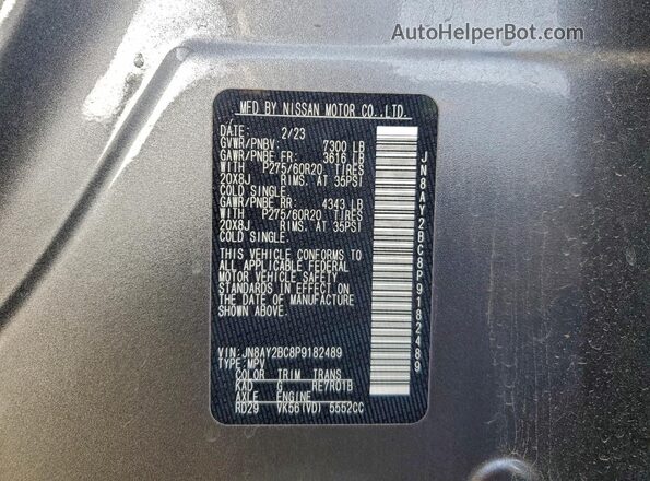 JN8AY2BC8P9182489 2023 NISSAN ARMADA Серый Вид наклейки с VIN-кодом