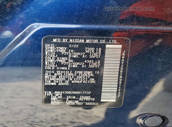 JN8AY2DB2N9811732 2022 NISSAN ARMADA Синий Вид наклейки с VIN-кодом