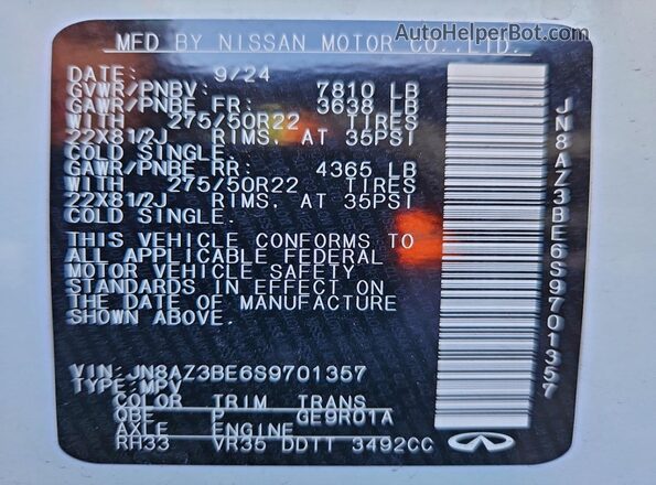 JN8AZ3BE6S9701357 2025 INFINITI QX80 White Widok naklejki z numerem VIN