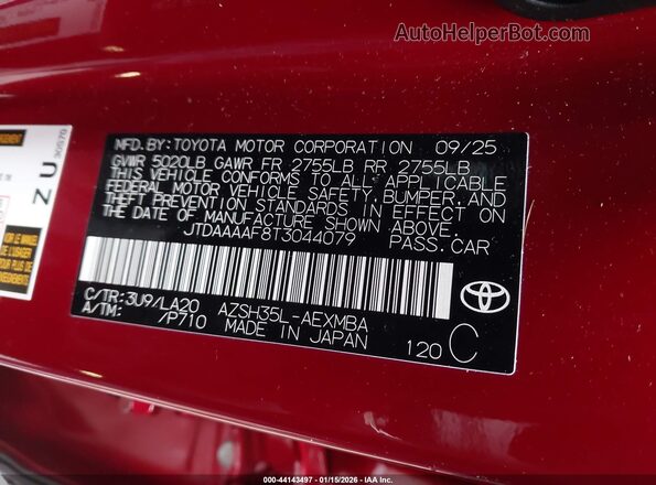 JTDAAAAF8T3044079 2026 TOYOTA LE Красный Вид подкапотного пространства