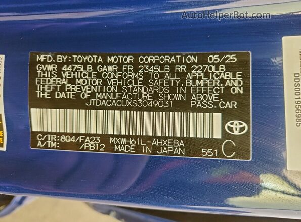 JTDACACUXS3049031 2025 TOYOTA PRIUS Blue Widok komory silnika