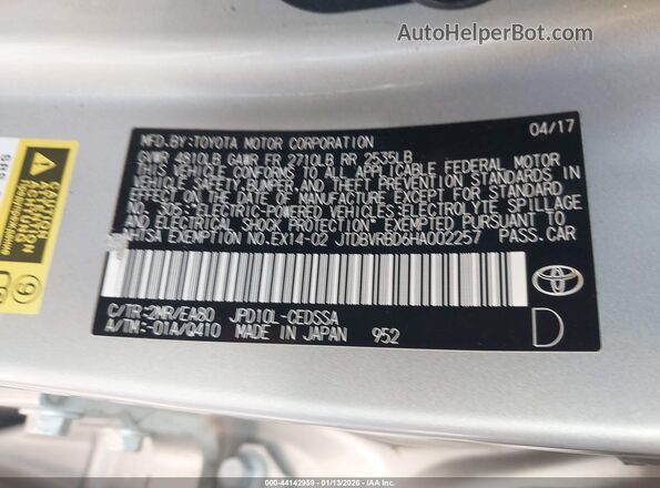 JTDBVRBD6HA002257 2017 TOYOTA MIRAI Silver Շարժիչի բաժամունքի տեսք