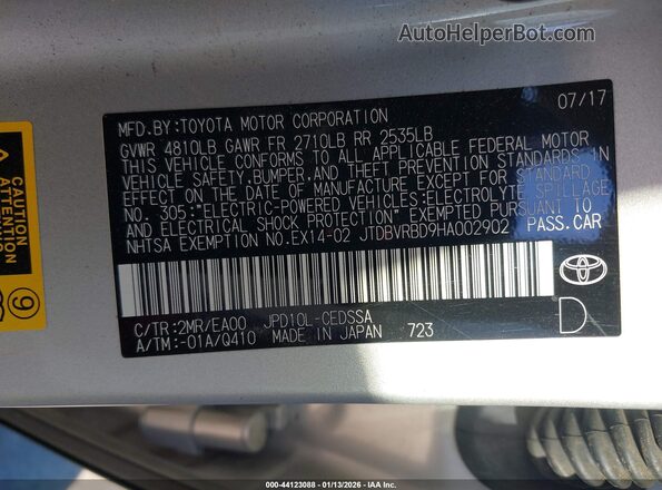 JTDBVRBD9HA002902 2017 TOYOTA MIRAI Silver Вид підкапотного простору