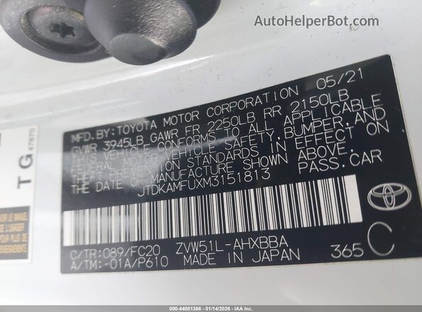 JTDKAMFUXM3151813 2021 TOYOTA PRIUS Белый Вид подкапотного пространства
