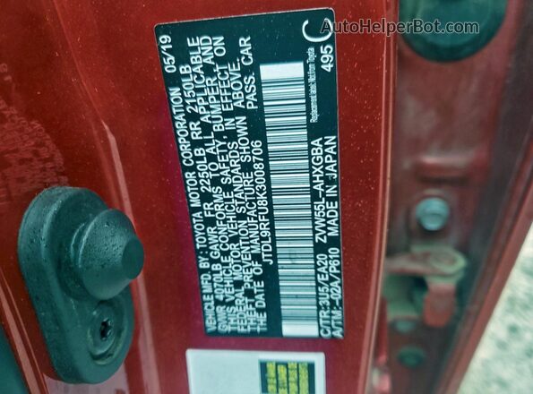 JTDL9RFU8K3008706 2019 TOYOTA PRIUS Red ძრავის განყოფილების ხედი
