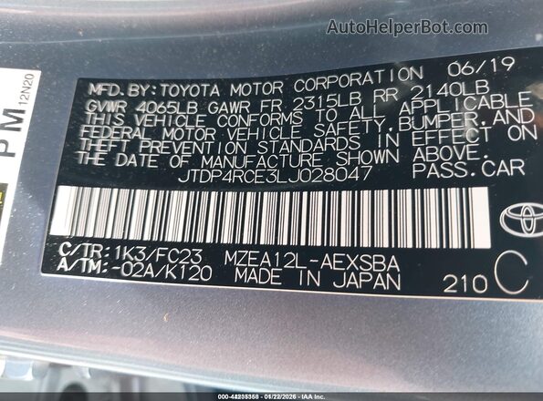 JTDP4RCE3LJ028047 2020 TOYOTA LL Blue Widok komory silnika