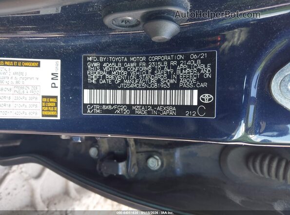 JTDS4MCE5NJ081963 2022 TOYOTA LL Blue Widok komory silnika