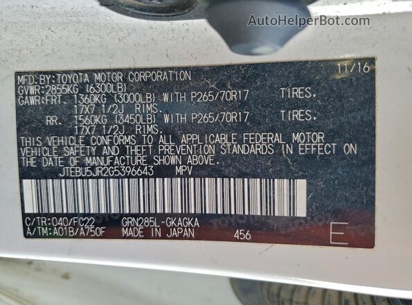JTEBU5JR2G5396643 2016 TOYOTA 4RUNNER Белый Вид наклейки с VIN-кодом