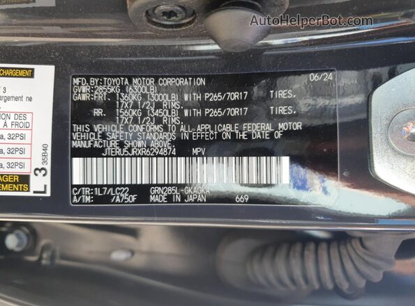 JTERU5JRXR6294874 2024 TOYOTA 4RUNNER Gray Widok naklejki z numerem VIN