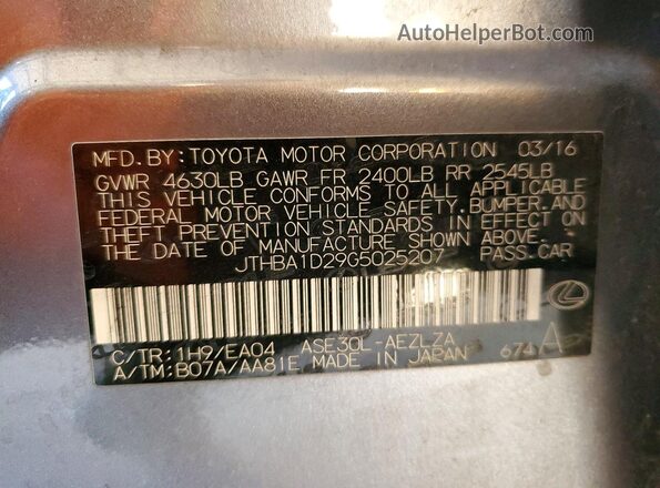 JTHBA1D29G5025207 2016 LEXUS IS Gray VIN sticker view