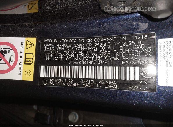 JTHBZ1B14K2004911 2019 LEXUS ES 350 Синий Вид подкапотного пространства
