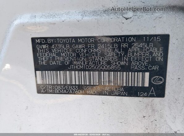 JTHCM1D25G5005855 2016 LEXUS IS 300 White Widok komory silnika