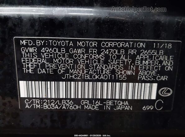 JTHCZ1BL0KA011155 2019 LEXUS GS 350 Black ძრავის განყოფილების ხედი