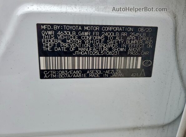 JTHGA1D25L5108231 2020 LEXUS IS Белый Вид наклейки с VIN-кодом