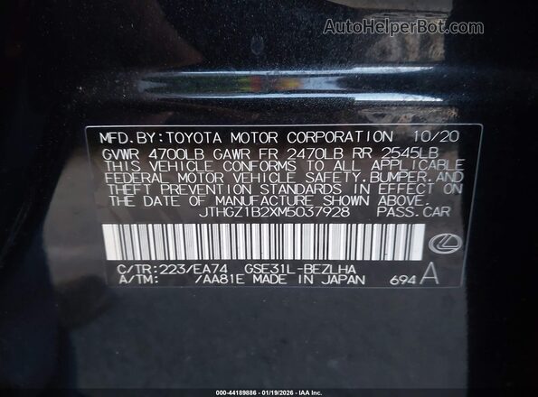JTHGZ1B2XM5037928 2021 LEXUS IS 350 Black Vista del compartimento del motor