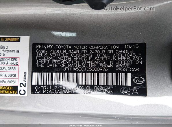 JTHHA5BC1G5000976 2016 LEXUS RC 200T Silver Vista del compartimento del motor