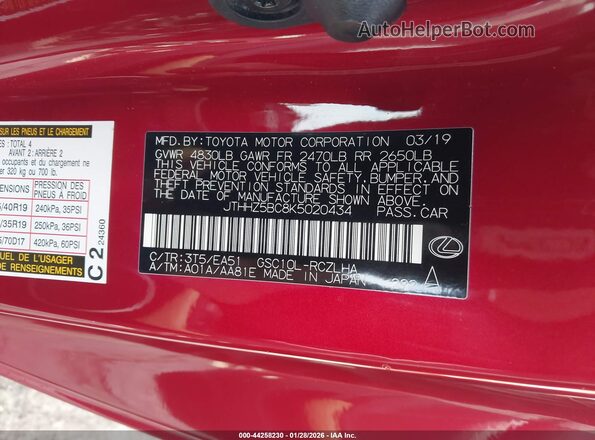 JTHHZ5BC8K5020434 2019 LEXUS RC 350 Red Widok komory silnika